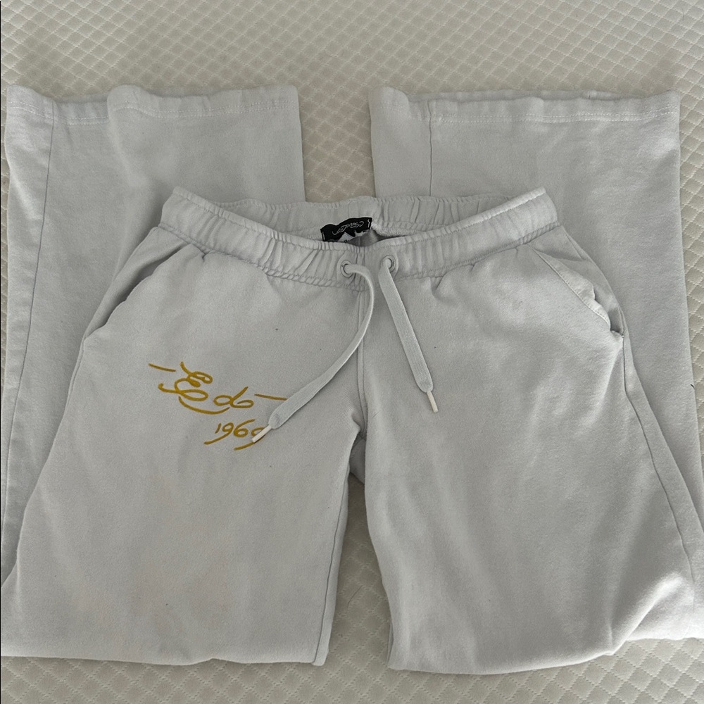 Ed Hardy White Track Joggers with Gold Script